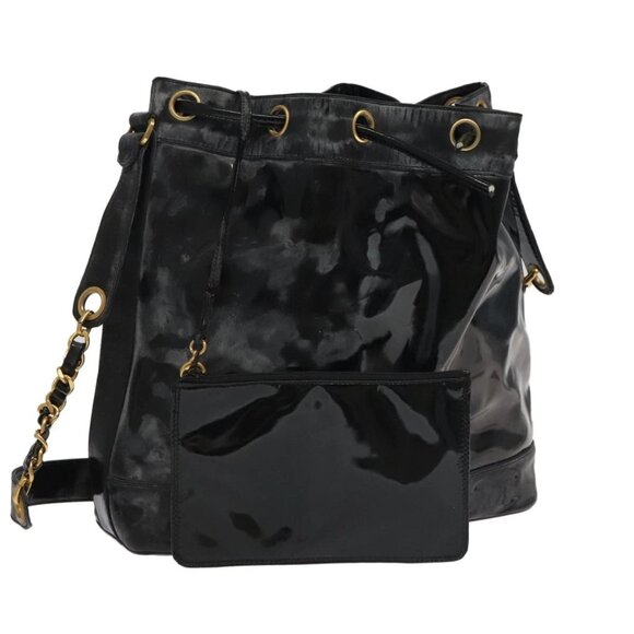 CHANEL Shoulder Bag Enamel Black Gold CC Auth - Picture 1 of 16